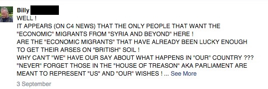 Facebook post making anti-refugee comments about Syrian refugees